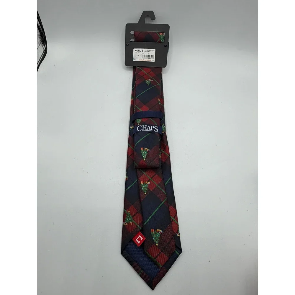 Chaps Mens Christmas Tree Plaid Necktie Navy Red Green Holiday Tie NEW